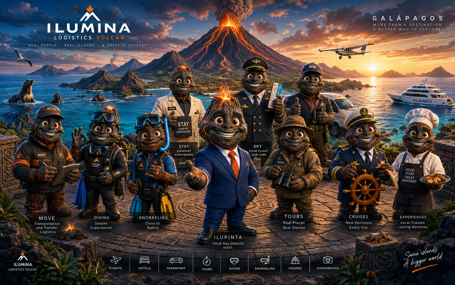 ILUMINA Logistics Volcan virtual agent team overlooking the volcanic Galápagos Islands.