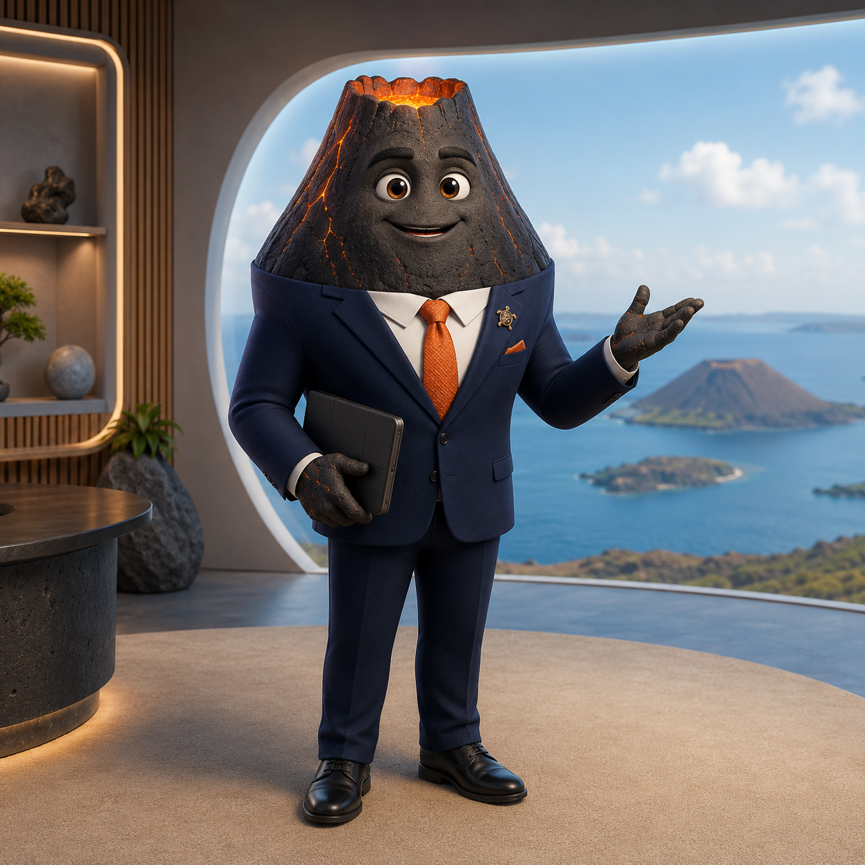 ILUPINTA, the ILUMINA volcanic rock logistics character in a navy suit and orange tie, holding a tablet in a Galápagos office overlooking the ocean