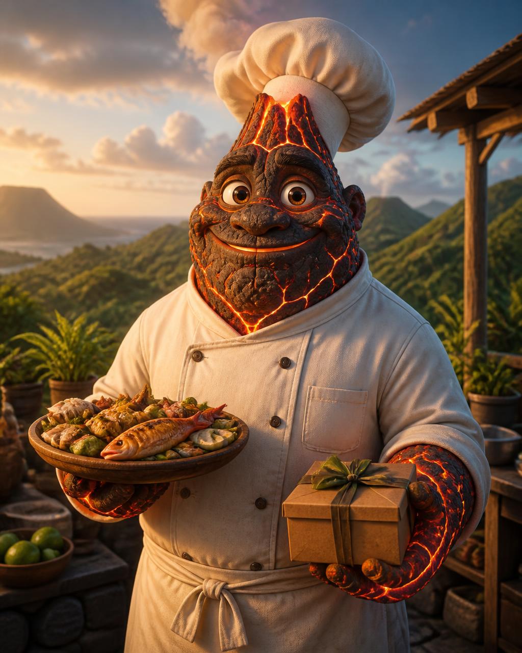 ALCEDILU TASTE, the ILUMINA volcanic rock character in a chef jacket, holding a platter and a packed box lunch